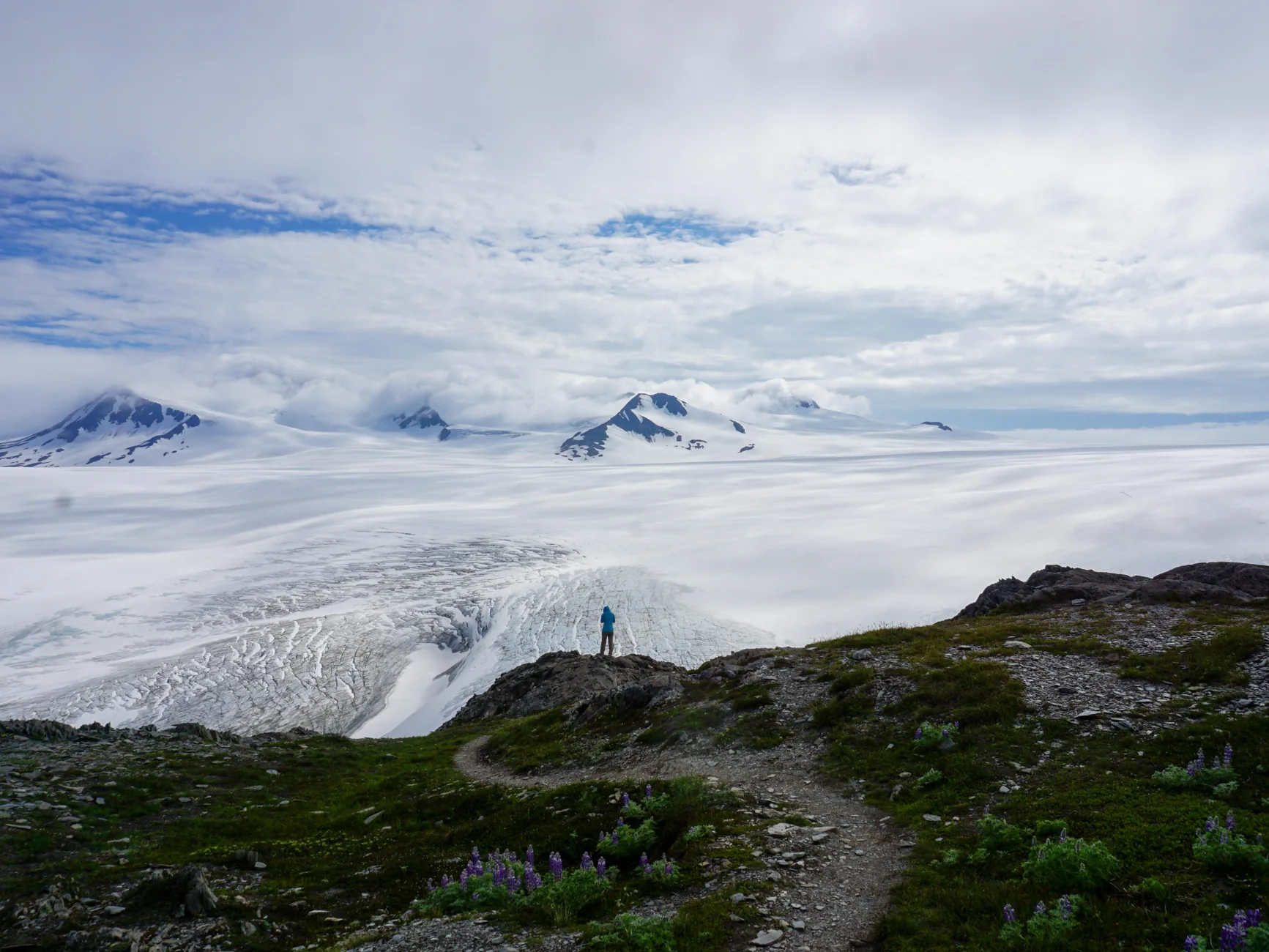 A trail overlooking the Harding Icefield in Kenai Fjords National Park, Alaska