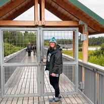 Jennifer on the walk to Brooks Falls in Alaska